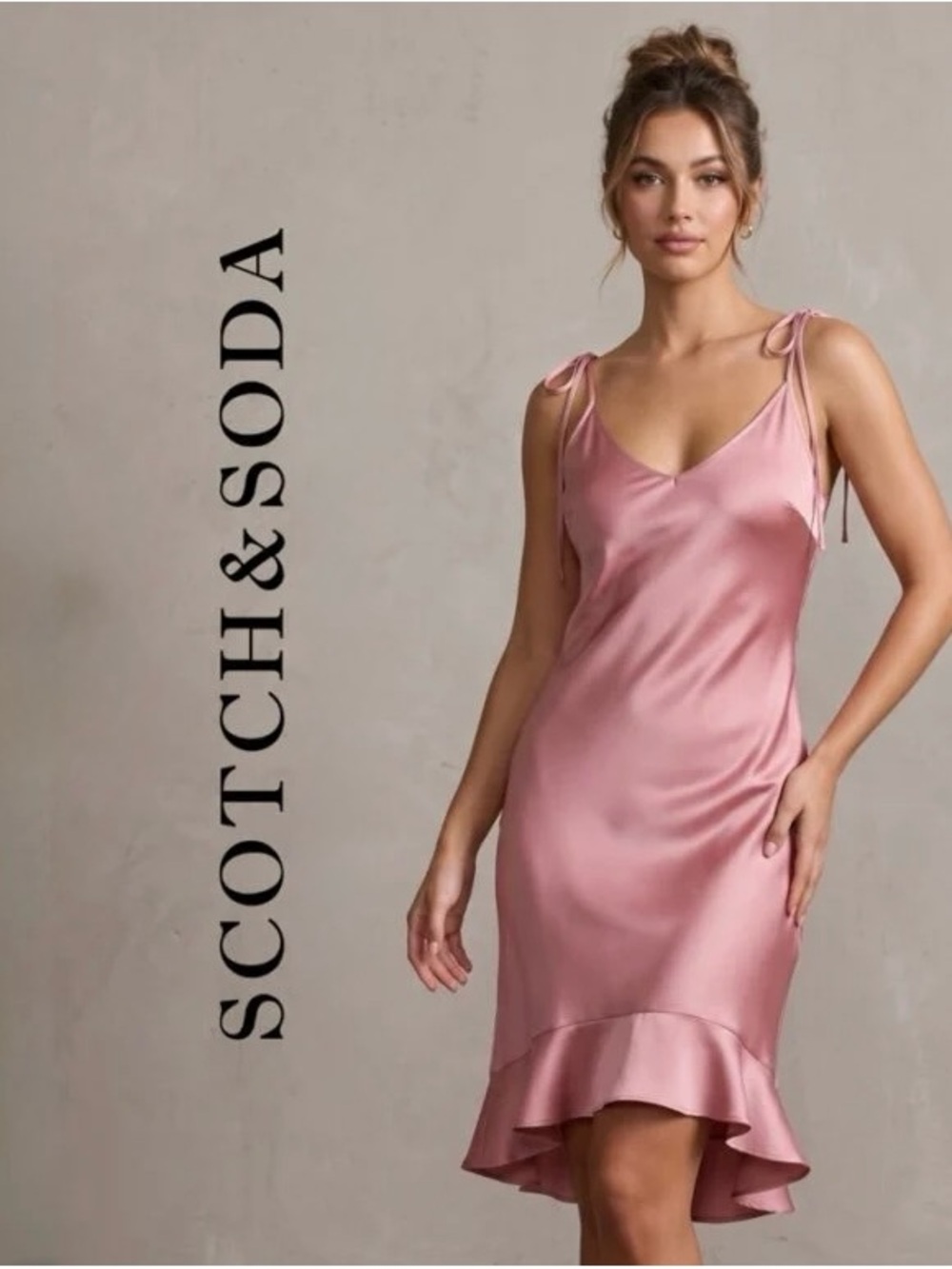 Scotch & Soda Rose Satin Tie-Shoulder Slip Dress
